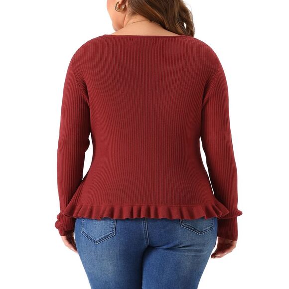 Plus Size Knit Sweater Open Front Ruffled Button Cardigan Outerwear Burgundy - Picture 4 of 6